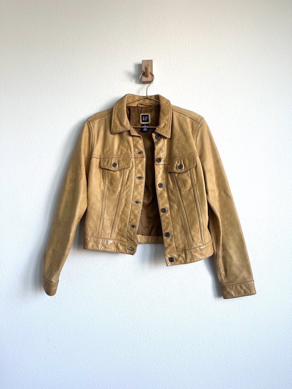 Vintage 90s Y2K Gap Genuine Leather Tan Butterscotch Trucker Jacket